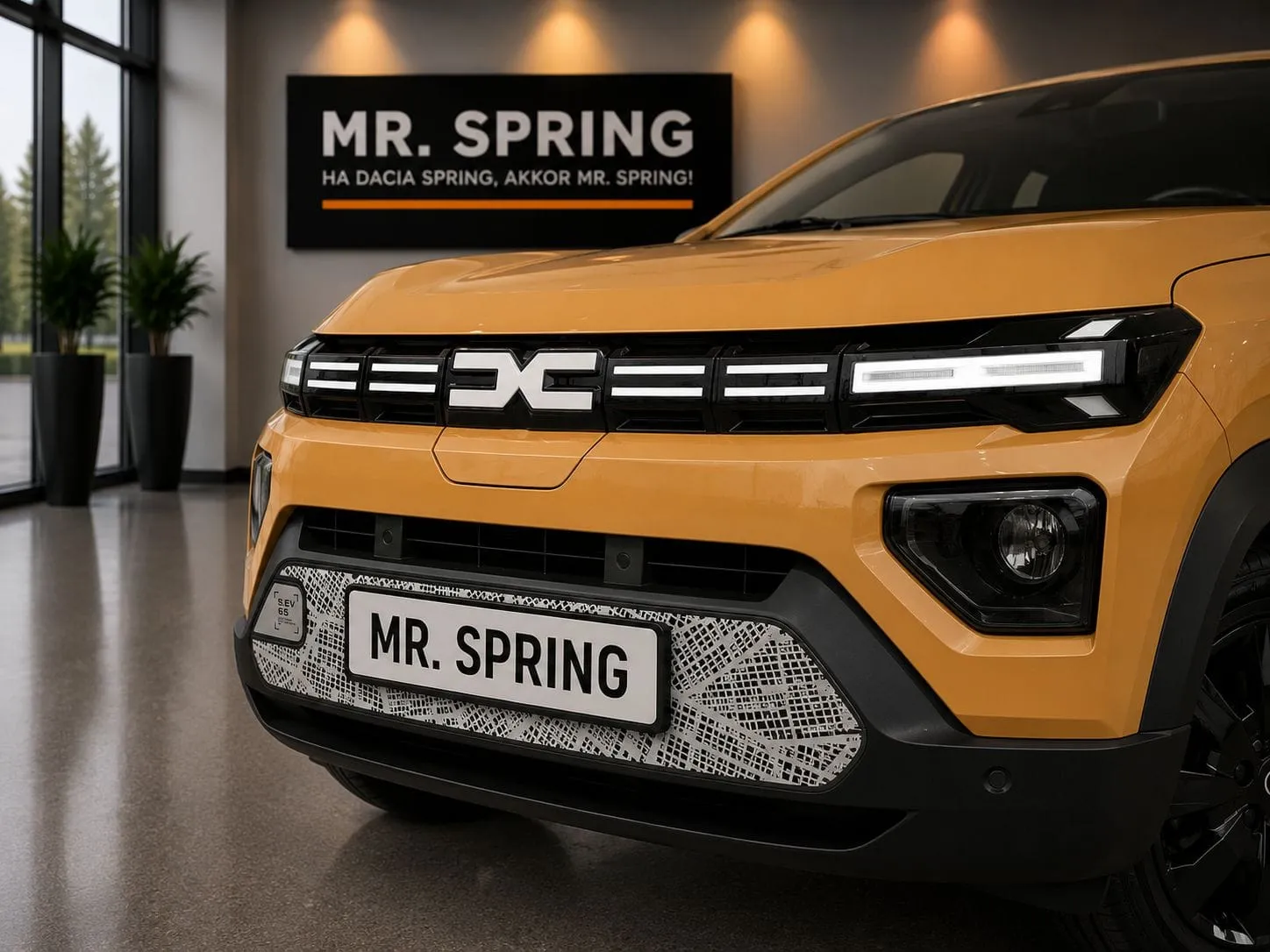 Mr. Spring márkakereskedés bemutatóterme egy narancssárga Dacia Springgel