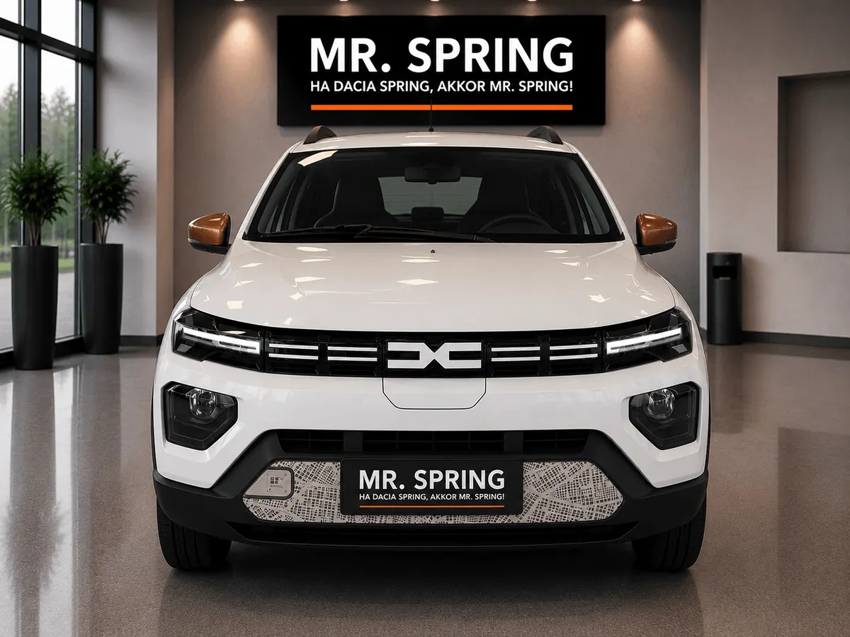 Fehér Dacia Spring szemből, a Mr. Spring showroomban